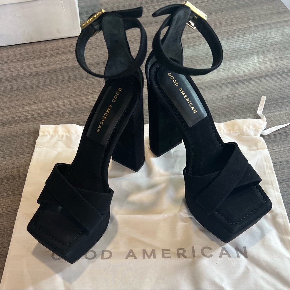 Size 6.5, black suede Good American strappy heels, currently sold out online